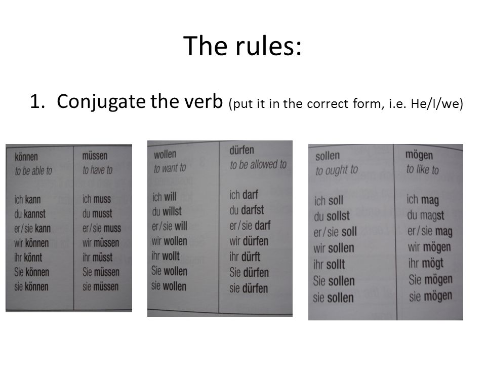 The rules: 1.Conjugate the verb (put it in the correct form, i.e. He/I/we)