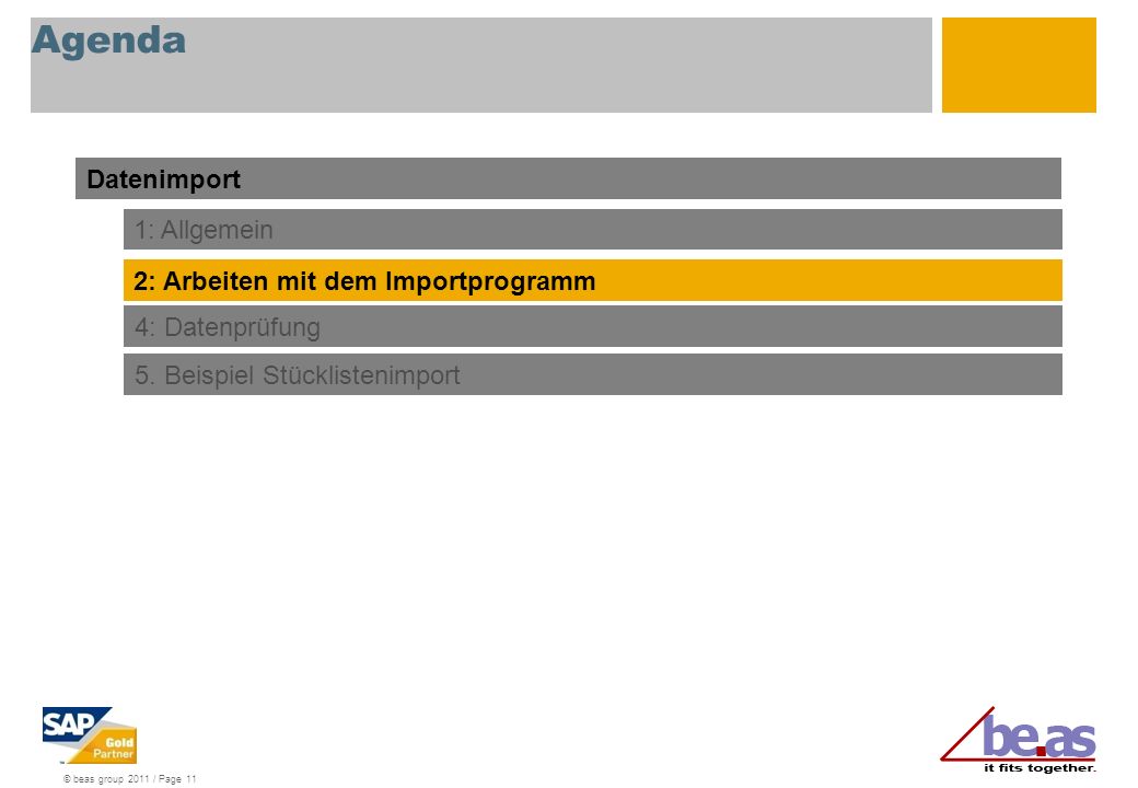 © beas group 2011 / Page 11 Agenda Datenimport 1: Allgemein 2: Arbeiten mit dem Importprogramm 4: Datenprüfung 5.