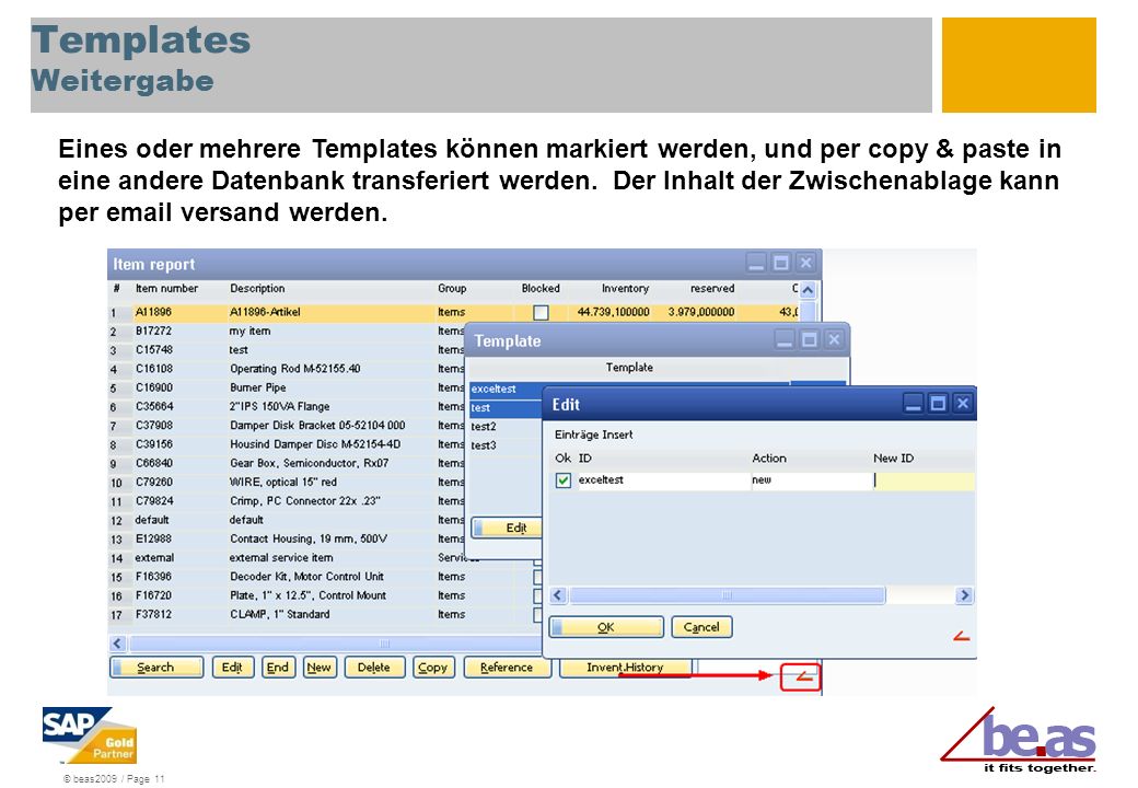 © beas2009 / Page 11 Templates Weitergabe Eines oder mehrere Templates können markiert werden, und per copy & paste in eine andere Datenbank transferiert werden.