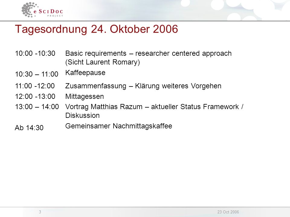 323 Oct 2006 eSciDoc Project Tagesordnung 24.