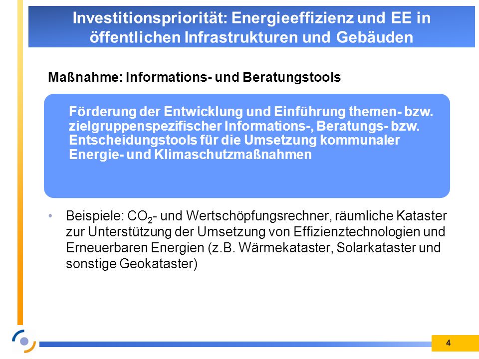 Maßnahme: Informations- und Beratungstools Beispiele: CO 2 - und Wertschöpfungsrechner, räumliche Kataster zur Unterstützung der Umsetzung von Effizienztechnologien und Erneuerbaren Energien (z.B.