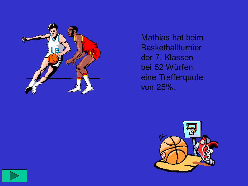 Mathias hat beim Basketballturnier der 7. Klassen bei 52 Würfen eine Trefferquote von 25%.
