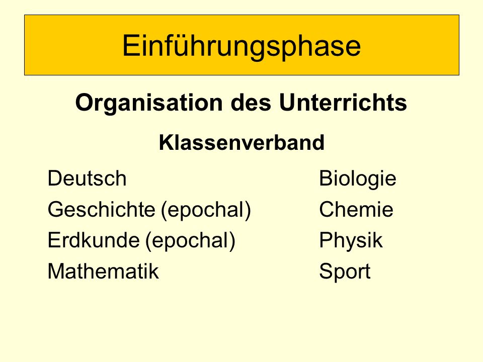 Organisation des Unterrichts Klassenverband Deutsch Biologie Geschichte (epochal) Chemie Erdkunde (epochal) Physik Mathematik Sport Einführungsphase