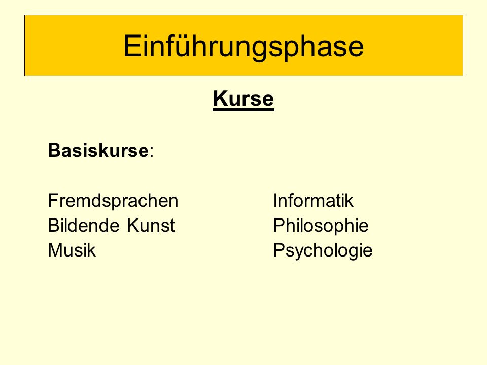 Kurse Basiskurse: FremdsprachenInformatik Bildende KunstPhilosophie Musik Psychologie Einführungsphase