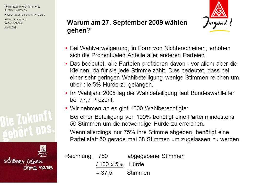 Keine Nazis in die Parlamente IG Metall Vorstand Ressort Jugendarbeit und –politik in Kooperation mit dem AK AntiRa Juni 2009 Warum am 27.