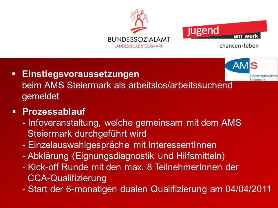 Prozessablauf - Infoveranstaltung, welche gemeinsam mit dem AMS Steiermark durchgeführt wird - Einzelauswahlgespräche mit InteressentInnen - Abklärung (Eignungsdiagnostik und Hilfsmitteln) - Kick-off Runde mit den max.