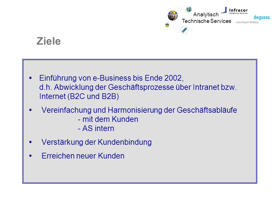Analytisch Technische Services Ziele Einführung von e-Business bis Ende 2002, d.h.