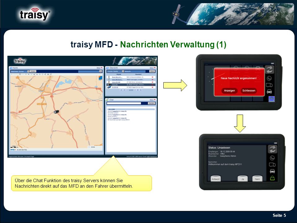 Seite 5 traisy MFD - Nachrichten Verwaltung (1) Über die Chat Funktion des traisy Servers können Sie Nachrichten direkt auf das MFD an den Fahrer übermitteln.