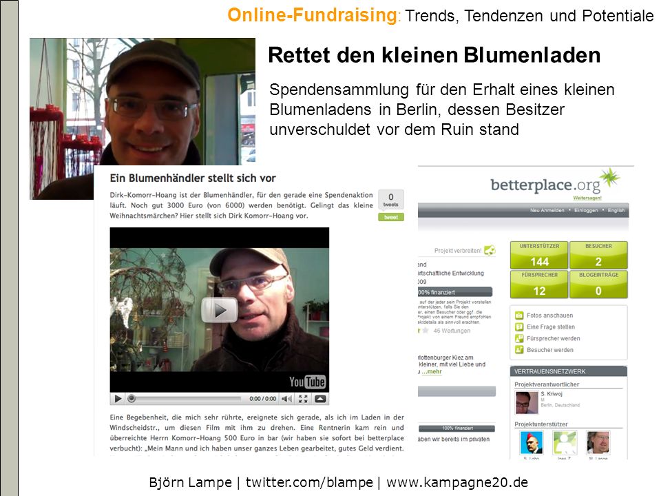 Björn Lampe | twitter.com/blampe |   Online-Fundraising : Trends, Tendenzen und Potentiale Rettet den kleinen Blumenladen Spendensammlung für den Erhalt eines kleinen Blumenladens in Berlin, dessen Besitzer unverschuldet vor dem Ruin stand
