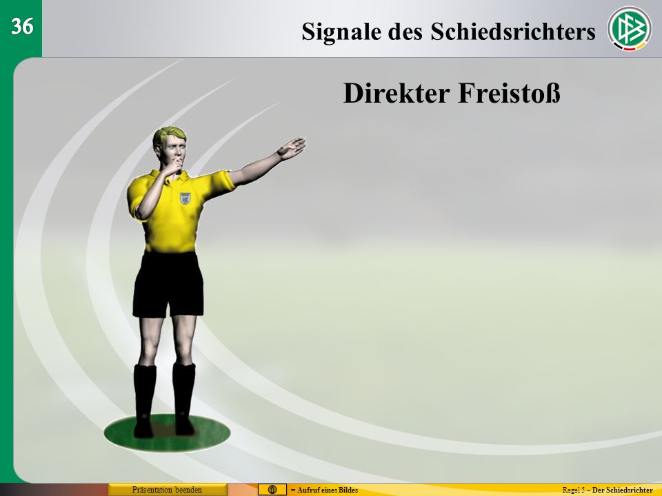 Regel 5 – Der Schiedsrichter Signale des Schiedsrichters Direkter Freistoß = Aufruf eines Bildes Präsentation beenden