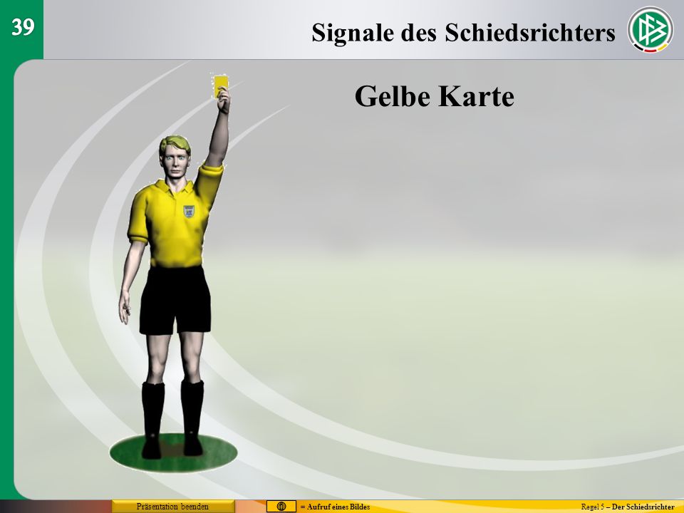 Regel 5 – Der Schiedsrichter Gelbe Karte Signale des Schiedsrichters = Aufruf eines Bildes Präsentation beenden