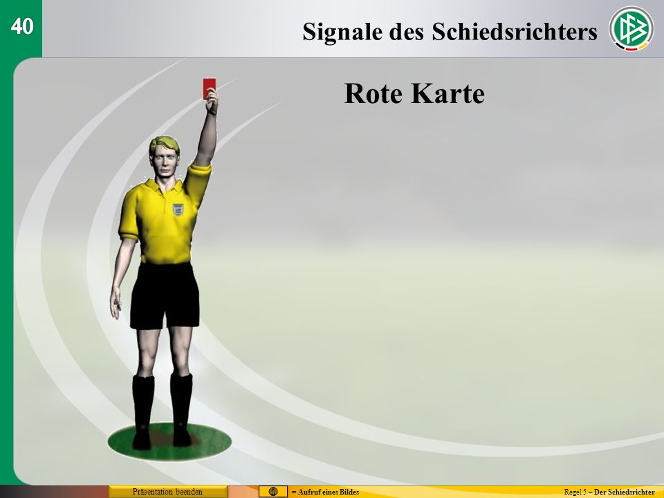 Regel 5 – Der Schiedsrichter Rote Karte Signale des Schiedsrichters = Aufruf eines Bildes Präsentation beenden
