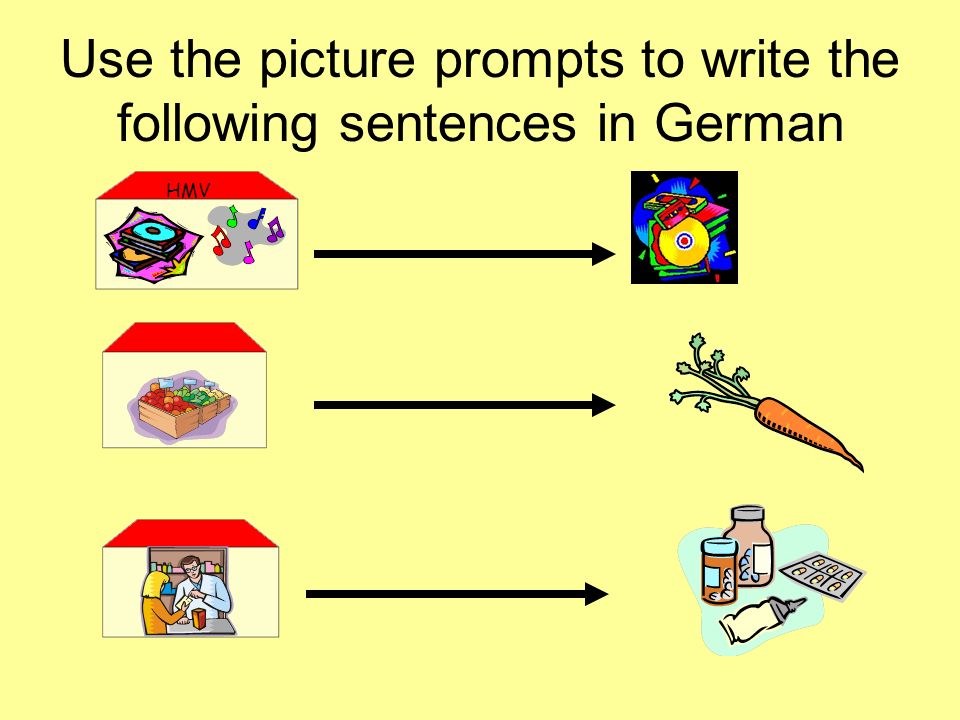 Use the picture prompts to write the following sentences in German HMV