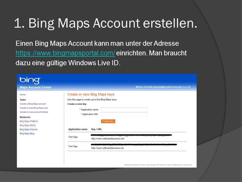 1. Bing Maps Account erstellen.