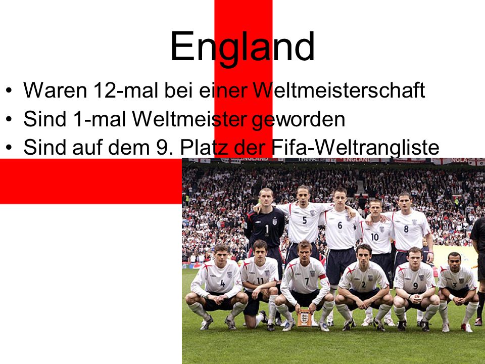 England Waren 12-mal bei einer Weltmeisterschaft Sind 1-mal Weltmeister geworden Sind auf dem 9.