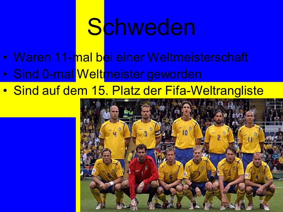 Schweden Waren 11-mal bei einer Weltmeisterschaft Sind 0-mal Weltmeister geworden Sind auf dem 15.