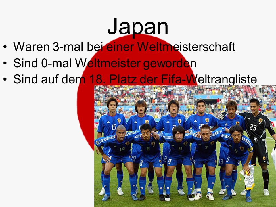 Japan Waren 3-mal bei einer Weltmeisterschaft Sind 0-mal Weltmeister geworden Sind auf dem 18.