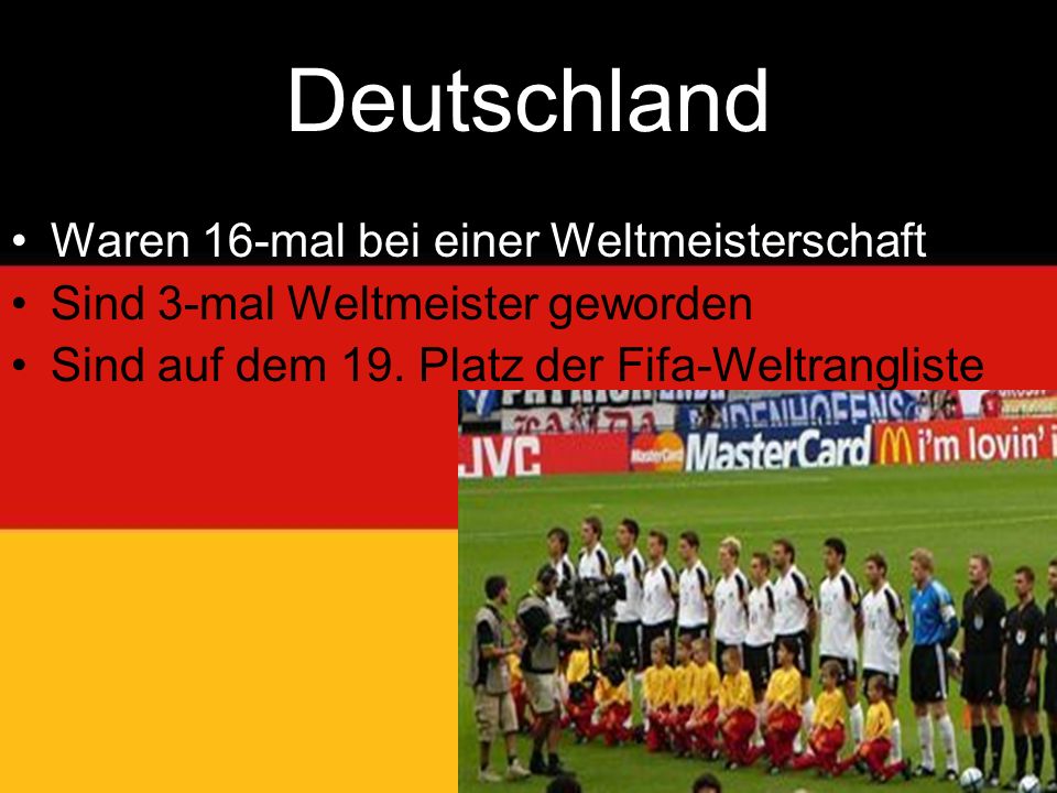 Deutschland Waren 16-mal bei einer Weltmeisterschaft Sind 3-mal Weltmeister geworden Sind auf dem 19.