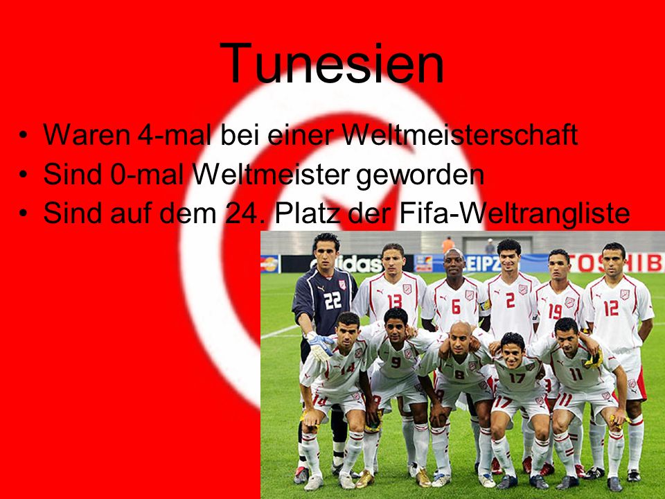 Tunesien Waren 4-mal bei einer Weltmeisterschaft Sind 0-mal Weltmeister geworden Sind auf dem 24.