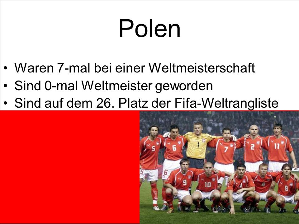 Polen Waren 7-mal bei einer Weltmeisterschaft Sind 0-mal Weltmeister geworden Sind auf dem 26.