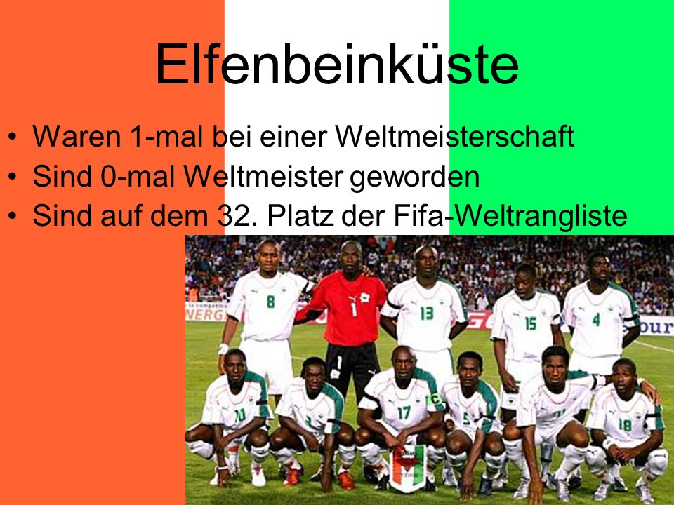 Elfenbeinküste Waren 1-mal bei einer Weltmeisterschaft Sind 0-mal Weltmeister geworden Sind auf dem 32.