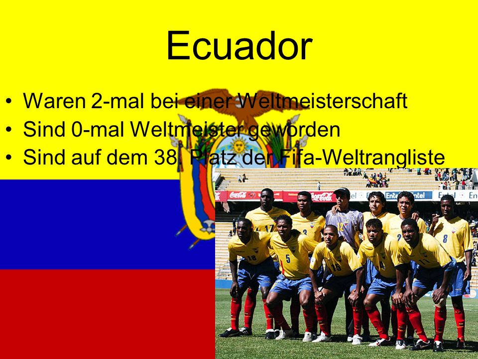 Ecuador Waren 2-mal bei einer Weltmeisterschaft Sind 0-mal Weltmeister geworden Sind auf dem 38.