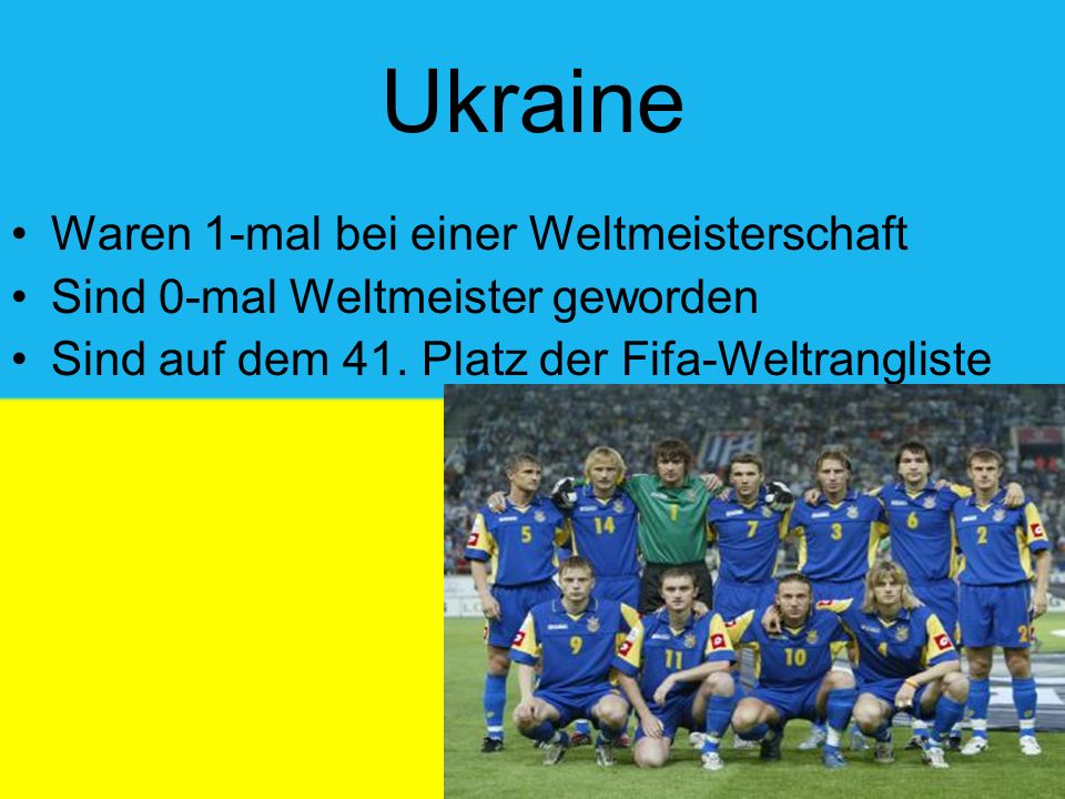 Ukraine Waren 1-mal bei einer Weltmeisterschaft Sind 0-mal Weltmeister geworden Sind auf dem 41.