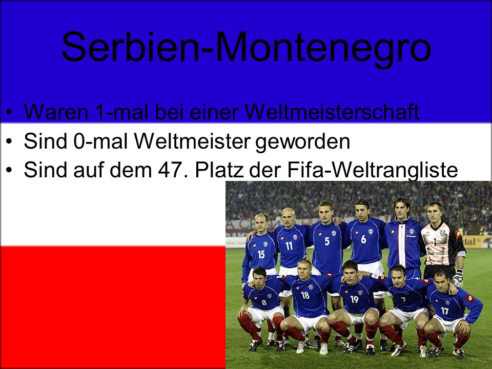 Serbien-Montenegro Waren 1-mal bei einer Weltmeisterschaft Sind 0-mal Weltmeister geworden Sind auf dem 47.