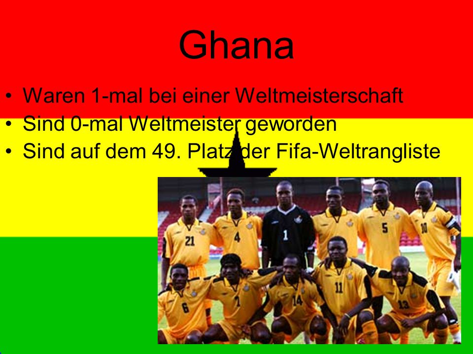 Ghana Waren 1-mal bei einer Weltmeisterschaft Sind 0-mal Weltmeister geworden Sind auf dem 49.