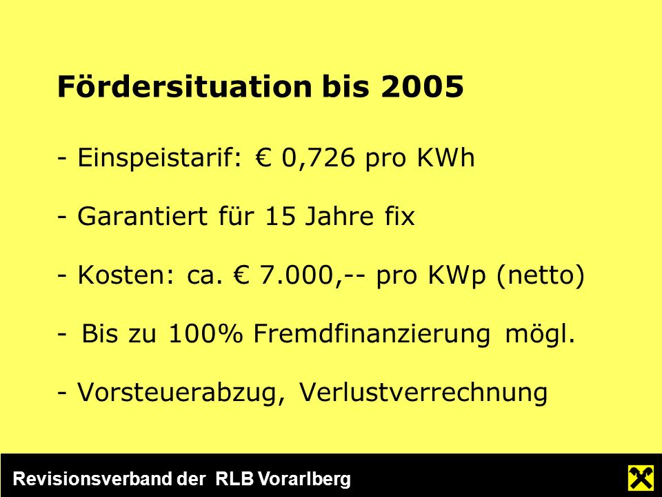 Revisionsverband der RLB Vorarlberg Fördersituation bis Einspeistarif: 0,726 pro KWh - Garantiert für 15 Jahre fix - Kosten: ca.