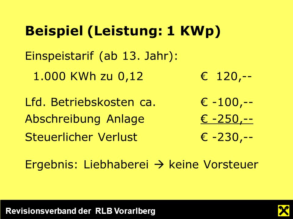 Revisionsverband der RLB Vorarlberg Beispiel (Leistung: 1 KWp) Einspeistarif (ab 13.
