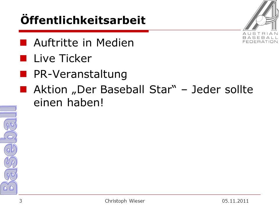 Christoph Wieser Öffentlichkeitsarbeit Auftritte in Medien Live Ticker PR-Veranstaltung Aktion Der Baseball Star – Jeder sollte einen haben!