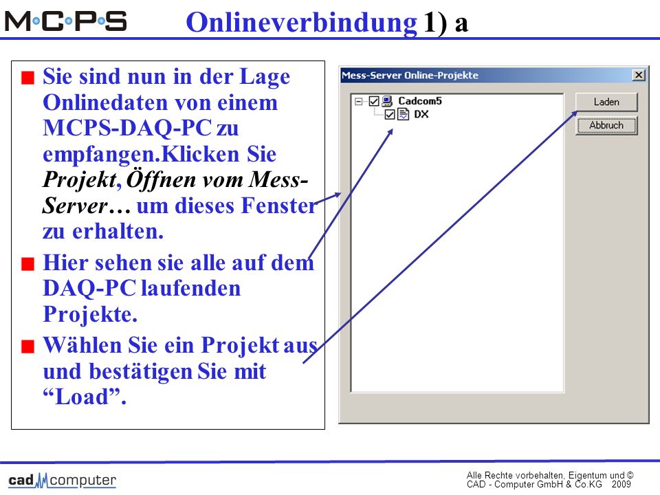 Alle Rechte vorbehalten, Eigentum und © CAD - Computer GmbH & Co.KG 2009 Onlineverbindung 1) a Sie sind nun in der Lage Onlinedaten von einem MCPS-DAQ-PC zu empfangen.Klicken Sie Projekt, Öffnen vom Mess- Server… um dieses Fenster zu erhalten.