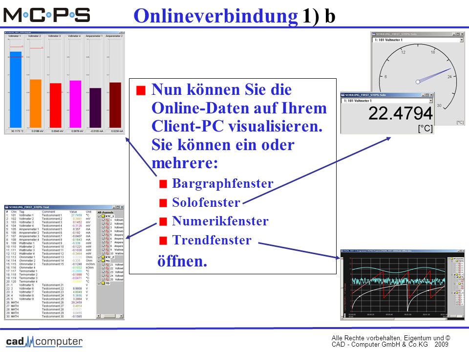 Alle Rechte vorbehalten, Eigentum und © CAD - Computer GmbH & Co.KG 2009 Onlineverbindung 1) b Nun können Sie die Online-Daten auf Ihrem Client-PC visualisieren.