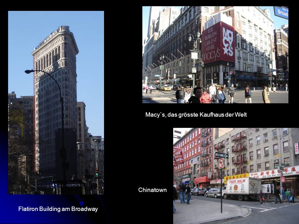 Flatiron Building am Broadway Macy`s, das grösste Kaufhaus der Welt Chinatown