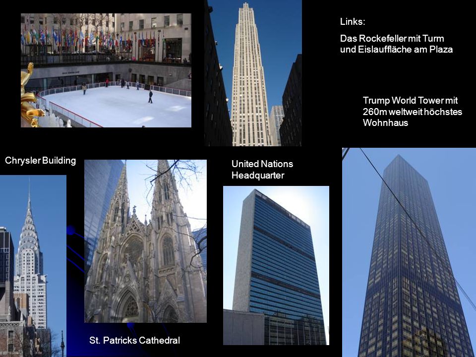 Links: Das Rockefeller mit Turm und Eislauffläche am Plaza Chrysler Building St.