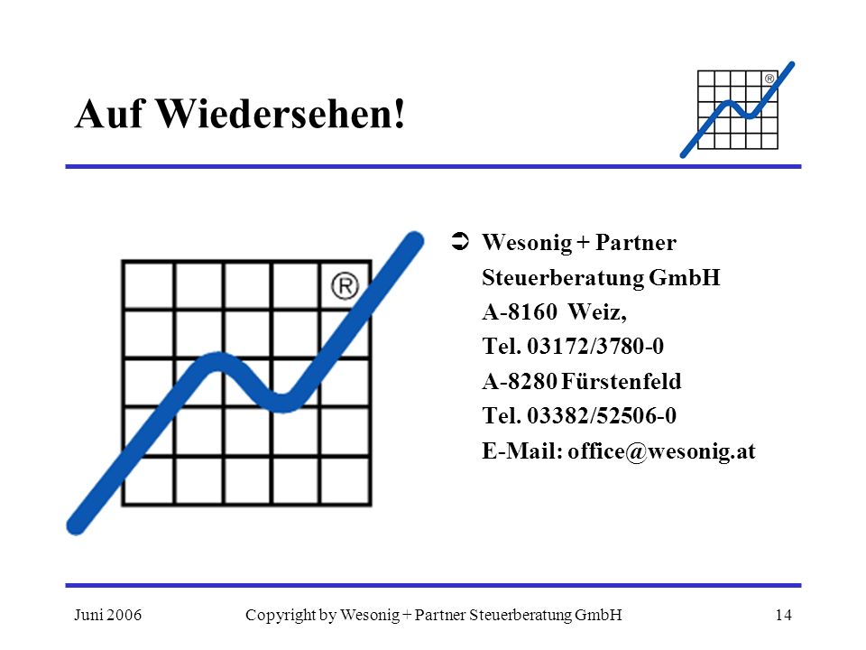 Juni 2006Copyright by Wesonig + Partner Steuerberatung GmbH14 Auf Wiedersehen.