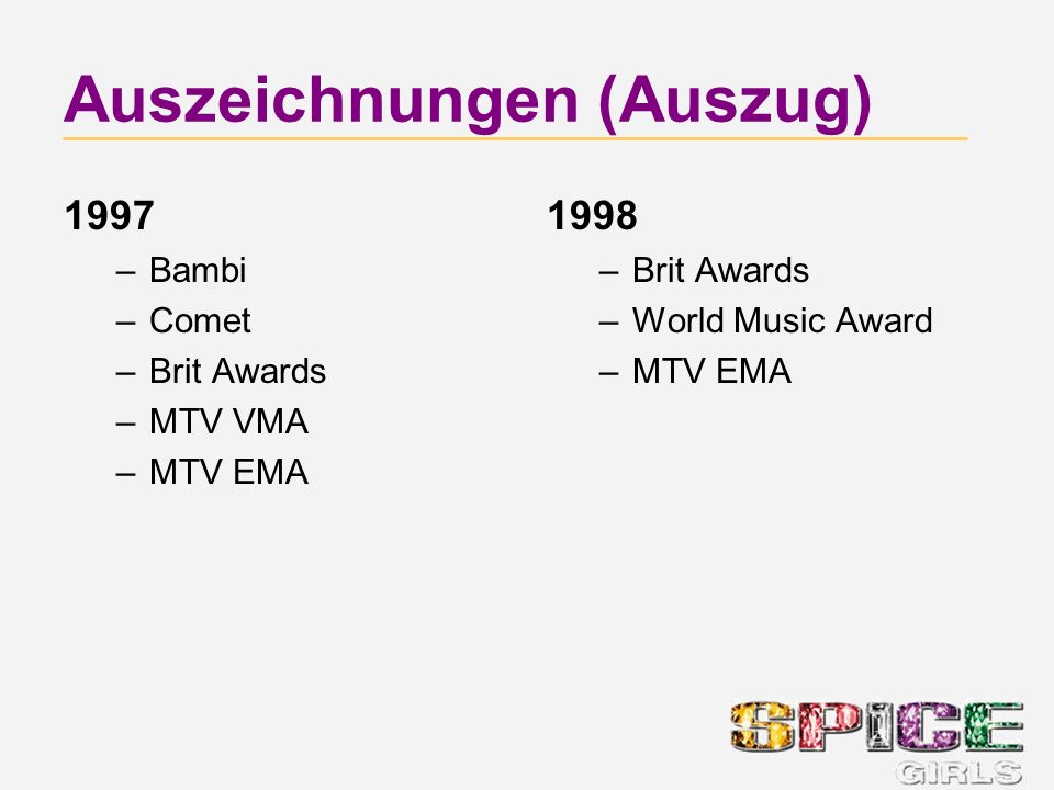 Auszeichnungen (Auszug) 1997 –Bambi –Comet –Brit Awards –MTV VMA –MTV EMA 1998 –Brit Awards –World Music Award –MTV EMA