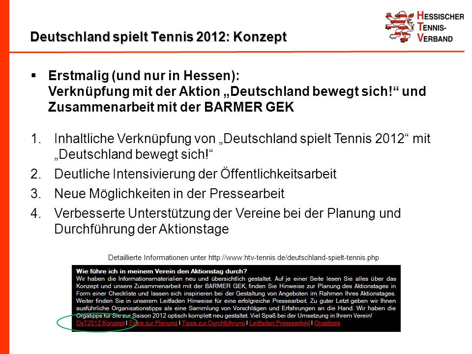 Deutschland spielt Tennis 2012: Konzept Erstmalig (und nur in Hessen): Verknüpfung mit der Aktion Deutschland bewegt sich.