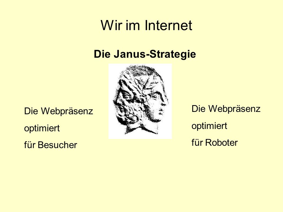 Wir im Internet Die Janus-Strategie Die Webpräsenz optimiert für Besucher Die Webpräsenz optimiert für Roboter