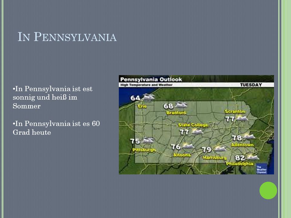 I N P ENNSYLVANIA In Pennsylvania ist est sonnig und heiß im Sommer In Pennsylvania ist es 60 Grad heute