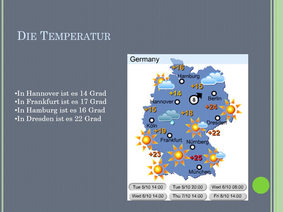 D IE T EMPERATUR In Hannover ist es 14 Grad In Frankfurt ist es 17 Grad In Hamburg ist es 16 Grad In Dresden ist es 22 Grad