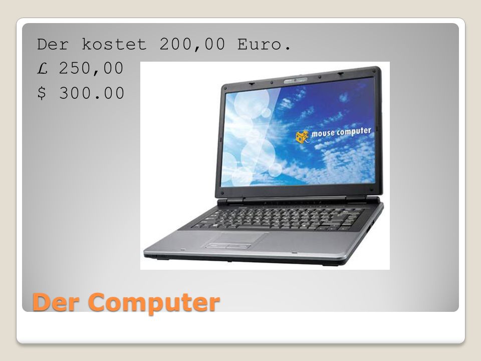 Der Computer Der kostet 200,00 Euro. L 250,00 $