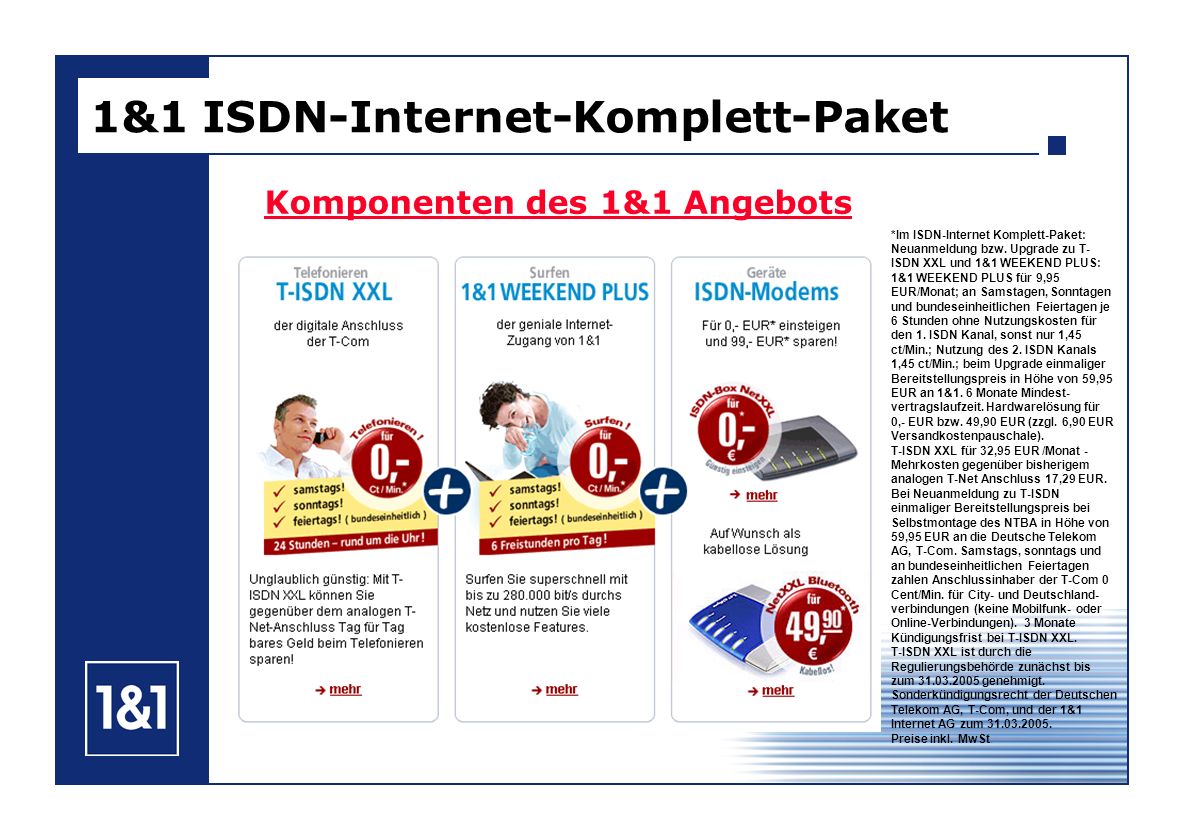 1&1 ISDN-Internet-Komplett-Paket Komponenten des 1&1 Angebots *Im ISDN-Internet Komplett-Paket: Neuanmeldung bzw.