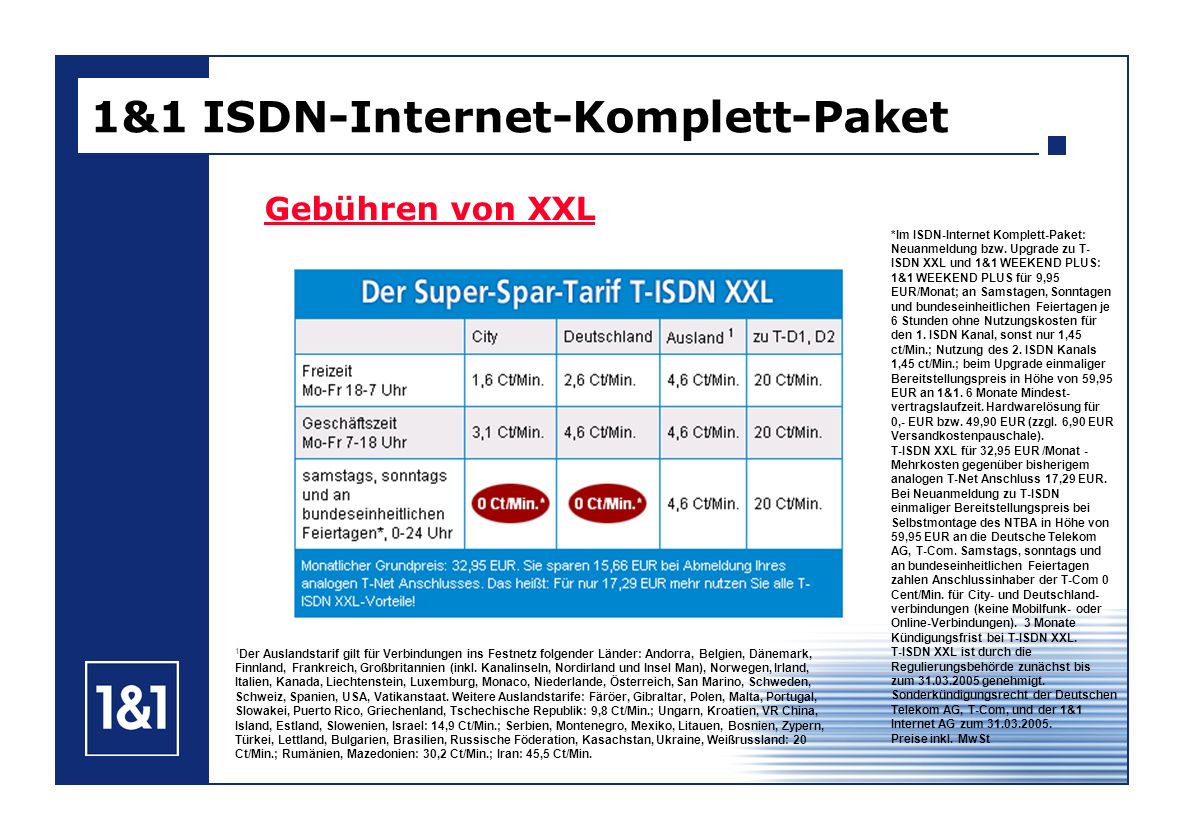 Gebühren von XXL 1&1 ISDN-Internet-Komplett-Paket *Im ISDN-Internet Komplett-Paket: Neuanmeldung bzw.