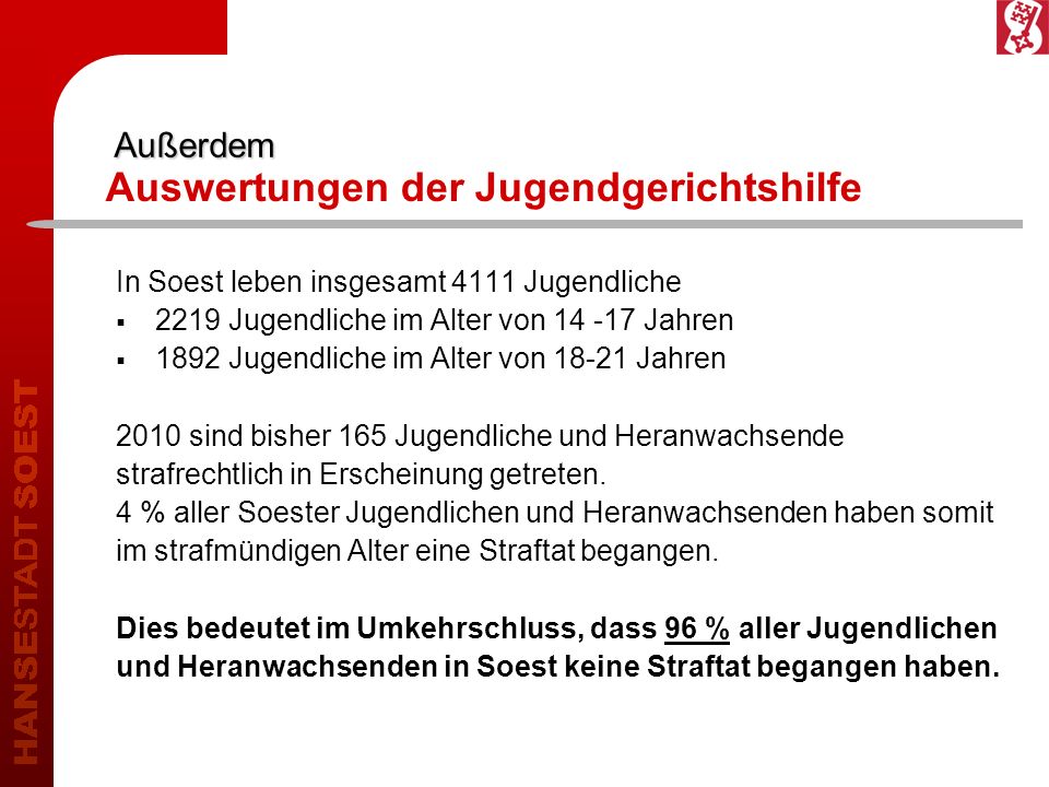 Außerdem In Soest leben insgesamt 4111 Jugendliche 2219 Jugendliche im Alter von Jahren 1892 Jugendliche im Alter von Jahren 2010 sind bisher 165 Jugendliche und Heranwachsende strafrechtlich in Erscheinung getreten.