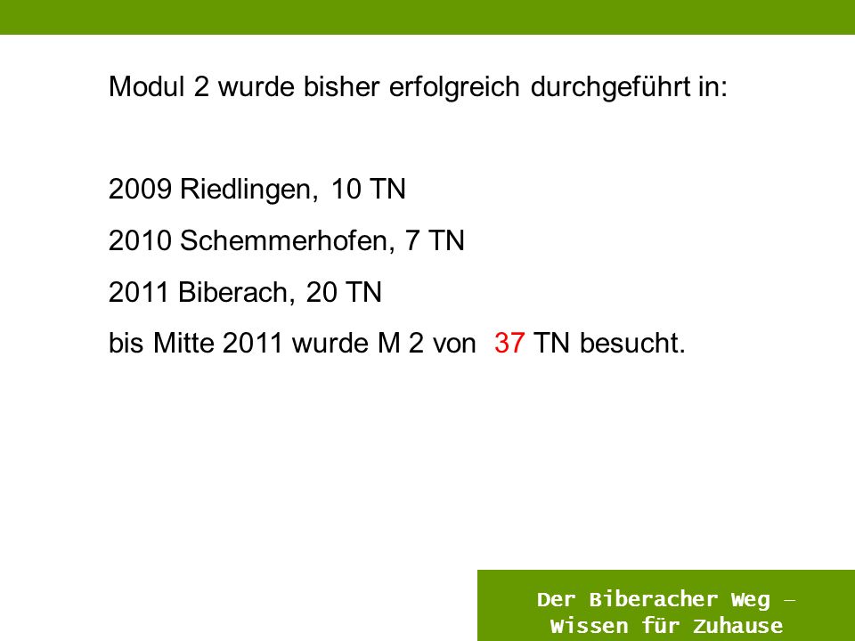 12 Modul 2 wurde bisher erfolgreich durchgeführt in: 2009 Riedlingen, 10 TN 2010 Schemmerhofen, 7 TN 2011 Biberach, 20 TN bis Mitte 2011 wurde M 2 von 37 TN besucht.