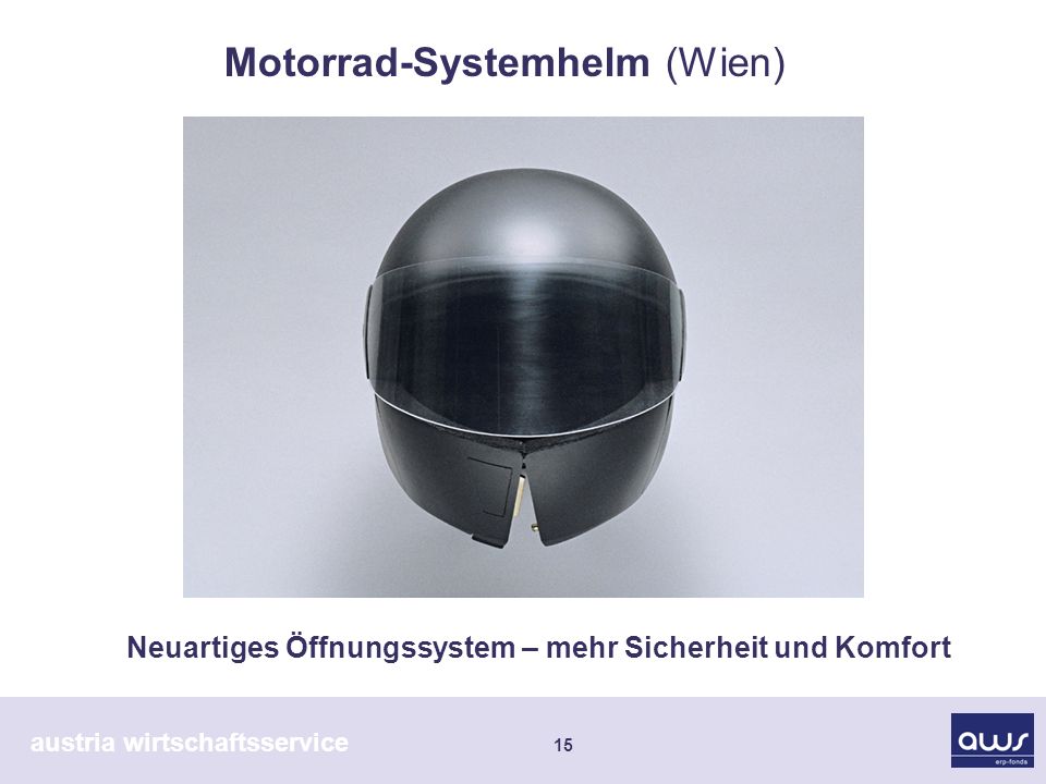 austria wirtschaftsservice 15 Neuartiges Öffnungssystem – mehr Sicherheit und Komfort Motorrad-Systemhelm (Wien)