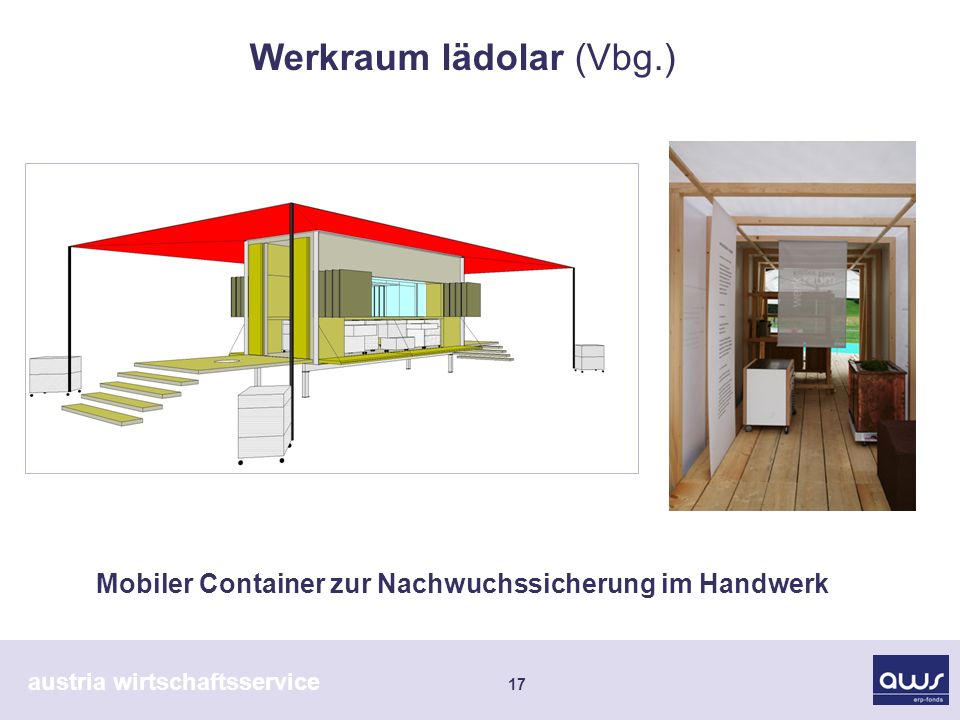 austria wirtschaftsservice 17 Mobiler Container zur Nachwuchssicherung im Handwerk Werkraum lädolar (Vbg.)