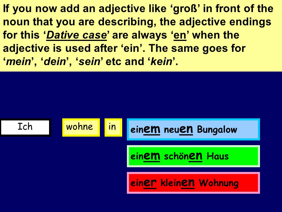 Mein Bungalow ist groß When you describe where you live, a sound change occurs after the preposition in.